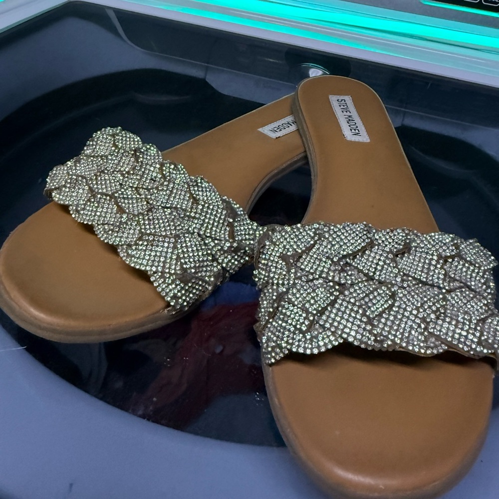 Steve Madden Gold Rhinestone Slides - Picture 2 of 3